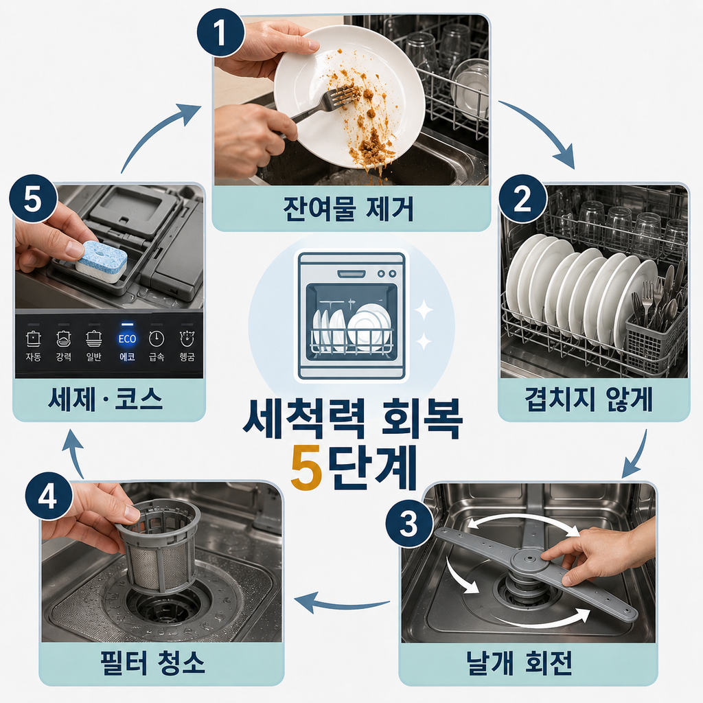 잔여물 제거부터 식기 배치, 세척날개 회전, 필터 청소, 세제와 코스 확인까지 정리한 5단계 이미지
