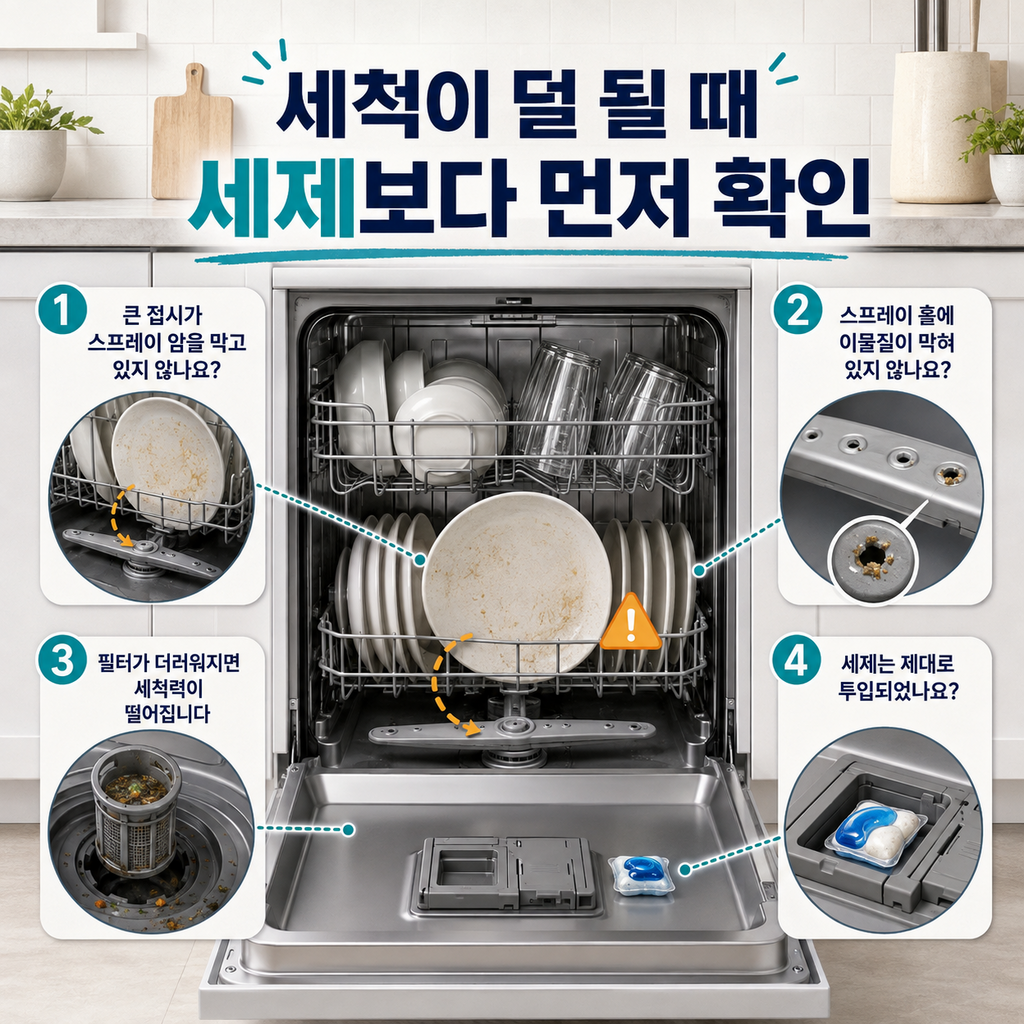 식기세척기 세척력 저하 원인을 큰 접시 간섭과 노즐 막힘, 필터 오염, 세제 투입으로 구분한 안내 이미지
