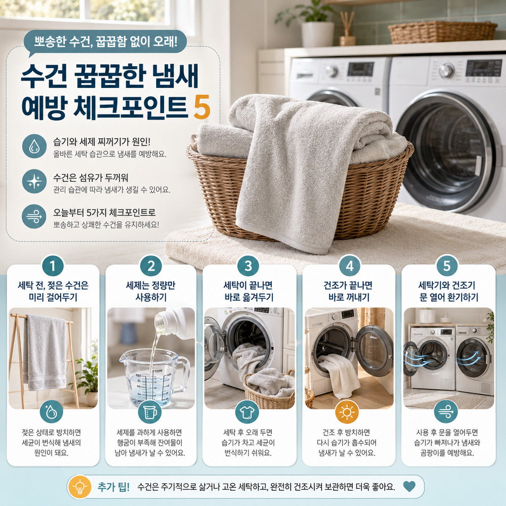 젖은 수건 건조와 세제량, 세탁물 이동, 건조 후 꺼내기, 문 열어 환기를 보여주는 냄새 예방 다섯 단계