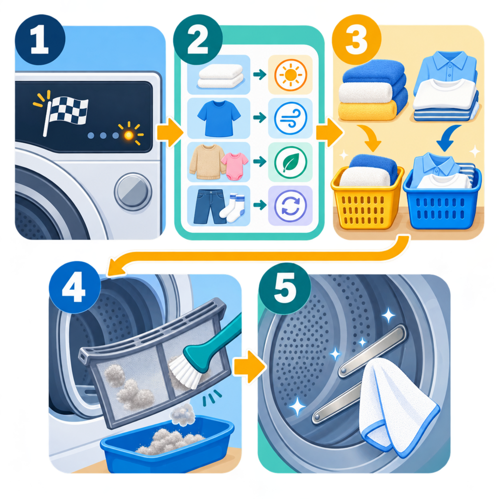 건조기 남은 시간 정체 때 종료 표시·코스·옷감 두께·필터·습도 센서를 확인하는 5단계 그림