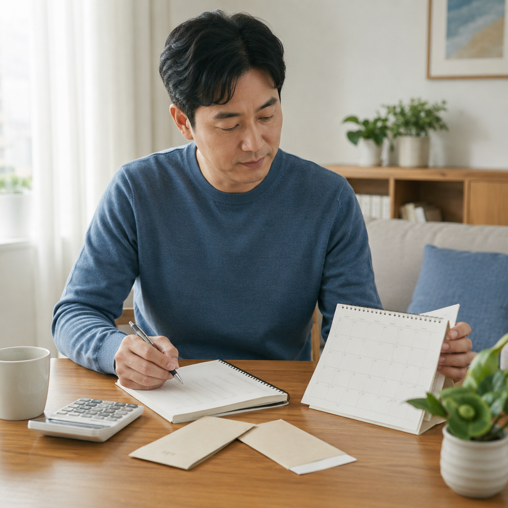 국민연금 지역가입자 보험료 지원 조건을 예산 노트와 달력으로 확인하는 모습