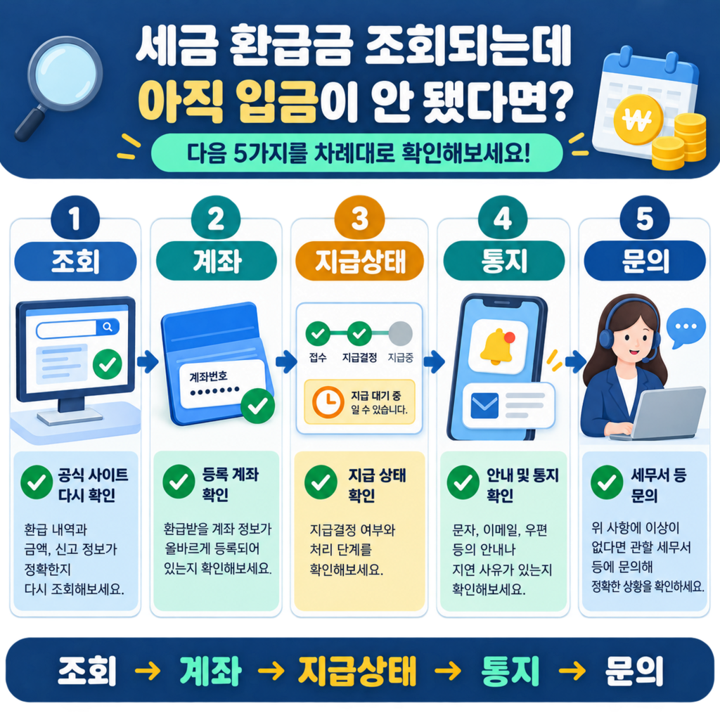 국세환급금 조회부터 계좌와 지급 상태, 통지, 세무서 문의까지 이어지는 5단계