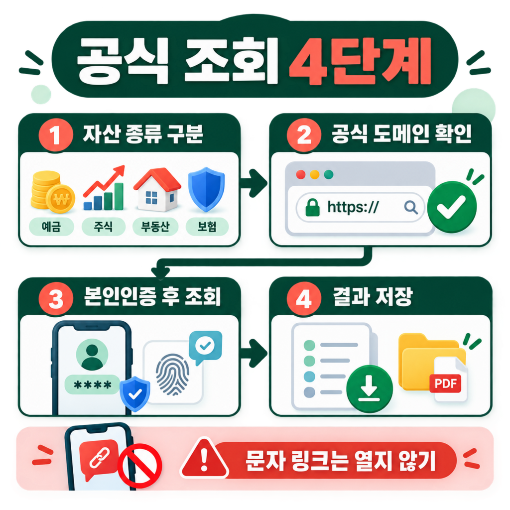 자산 종류 구분부터 공식 도메인 확인 본인인증 조회 결과 저장까지 숨은 금융자산 공식 조회 4단계